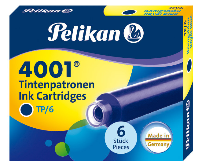 Картриджи с чернилами (короткие, 6 шт) для перьевой ручки Pelikan 4001 Royal Blue, артикул 301176. Фото 1