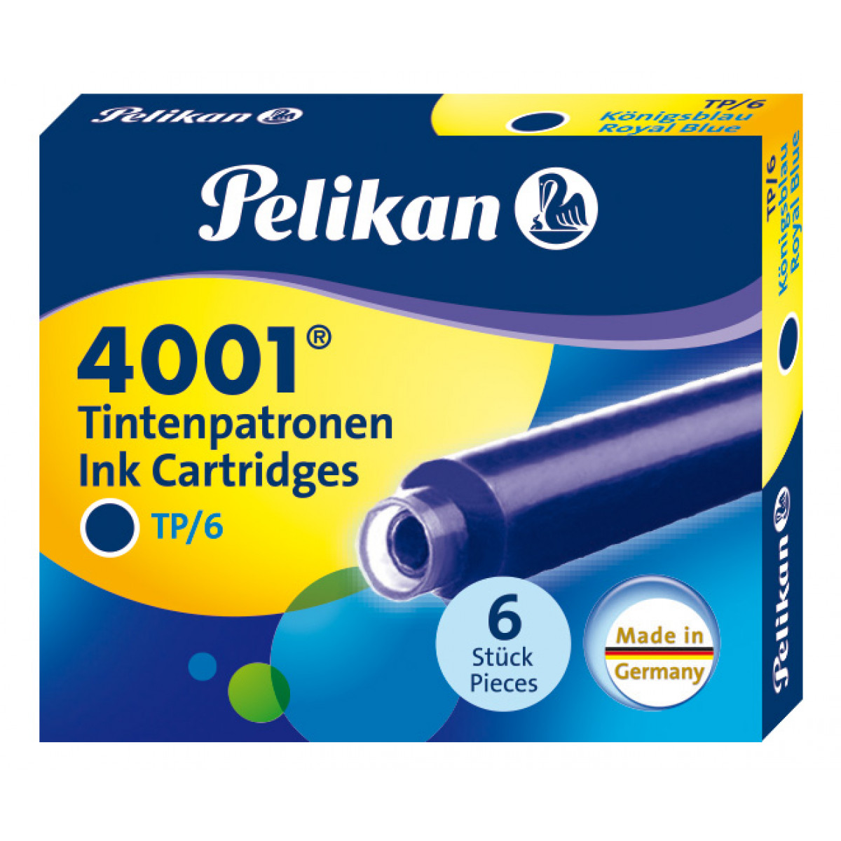 Картриджи с чернилами (короткие, 6 шт) для перьевой ручки Pelikan 4001 Royal Blue, 301176 Картриджи с чернилами (короткие, 6 шт) для перьевой ручки Pelikan 4001 Royal Blue, артикул 301176. Фото 1