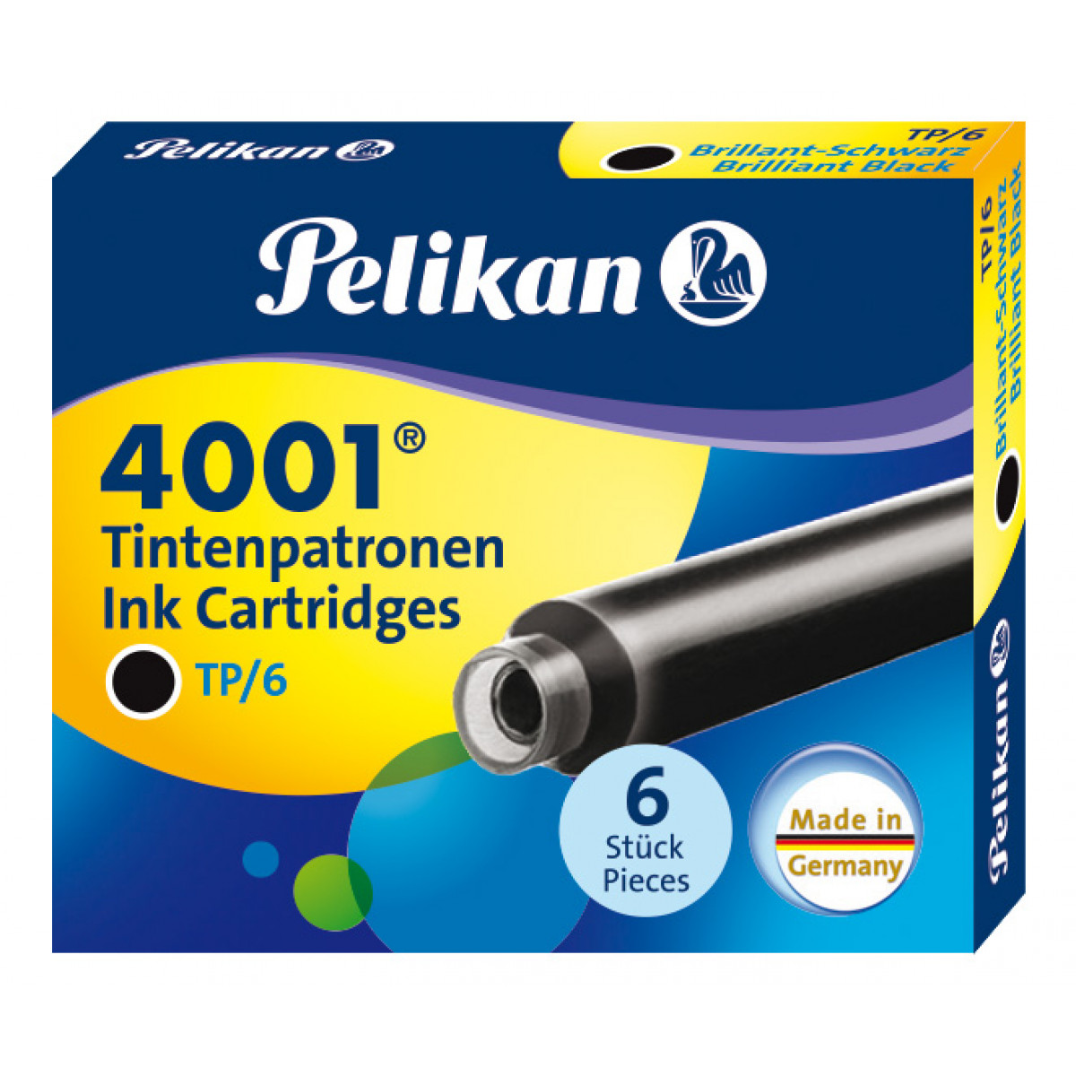 Картриджи с чернилами (короткие, 6 шт) для перьевой ручки Pelikan 4001 Brilliant Black, 301218 Картриджи с чернилами (короткие, 6 шт) для перьевой ручки Pelikan 4001 Brilliant Black, артикул 301218. Фото 1