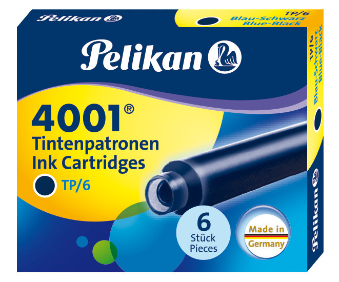 Картриджи с чернилами (короткие, 6 шт) для перьевой ручки Pelikan 4001 Blue Black, артикул 301184. Фото 1
