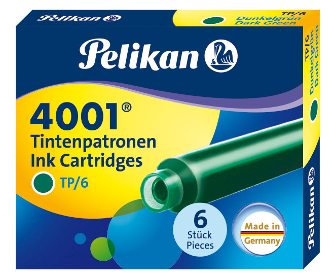 Картриджи с чернилами (короткие, 6 шт) для перьевой ручки Pelikan 4001 Dark Green, артикул 300087. Фото 1