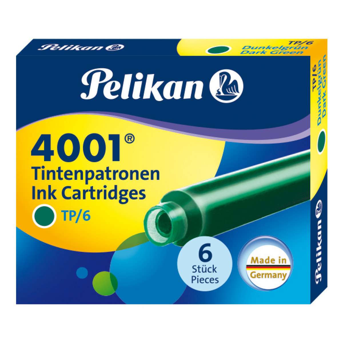 Картриджи с чернилами (короткие, 6 шт) для перьевой ручки Pelikan 4001 Dark Green, 300087 Картриджи с чернилами (короткие, 6 шт) для перьевой ручки Pelikan 4001 Dark Green, артикул 300087. Фото 1