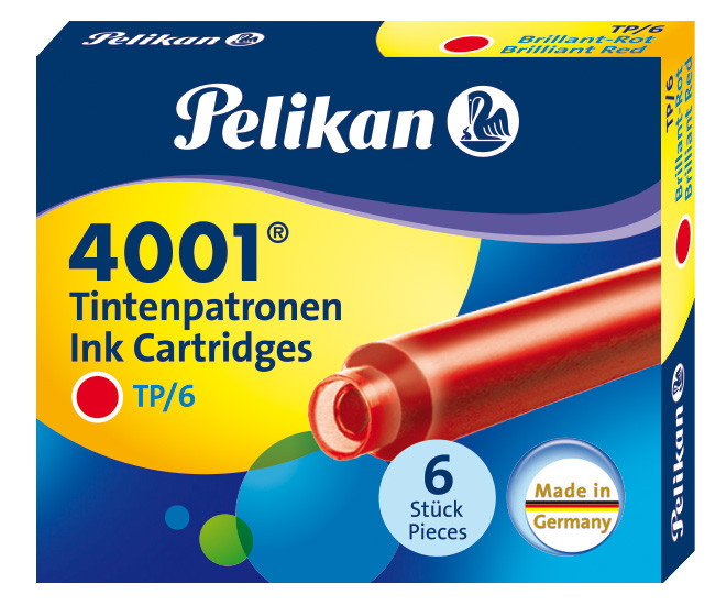 Картриджи с чернилами (короткие, 6 шт) для перьевой ручки Pelikan 4001 Brilliant Red, артикул 301192. Фото 1