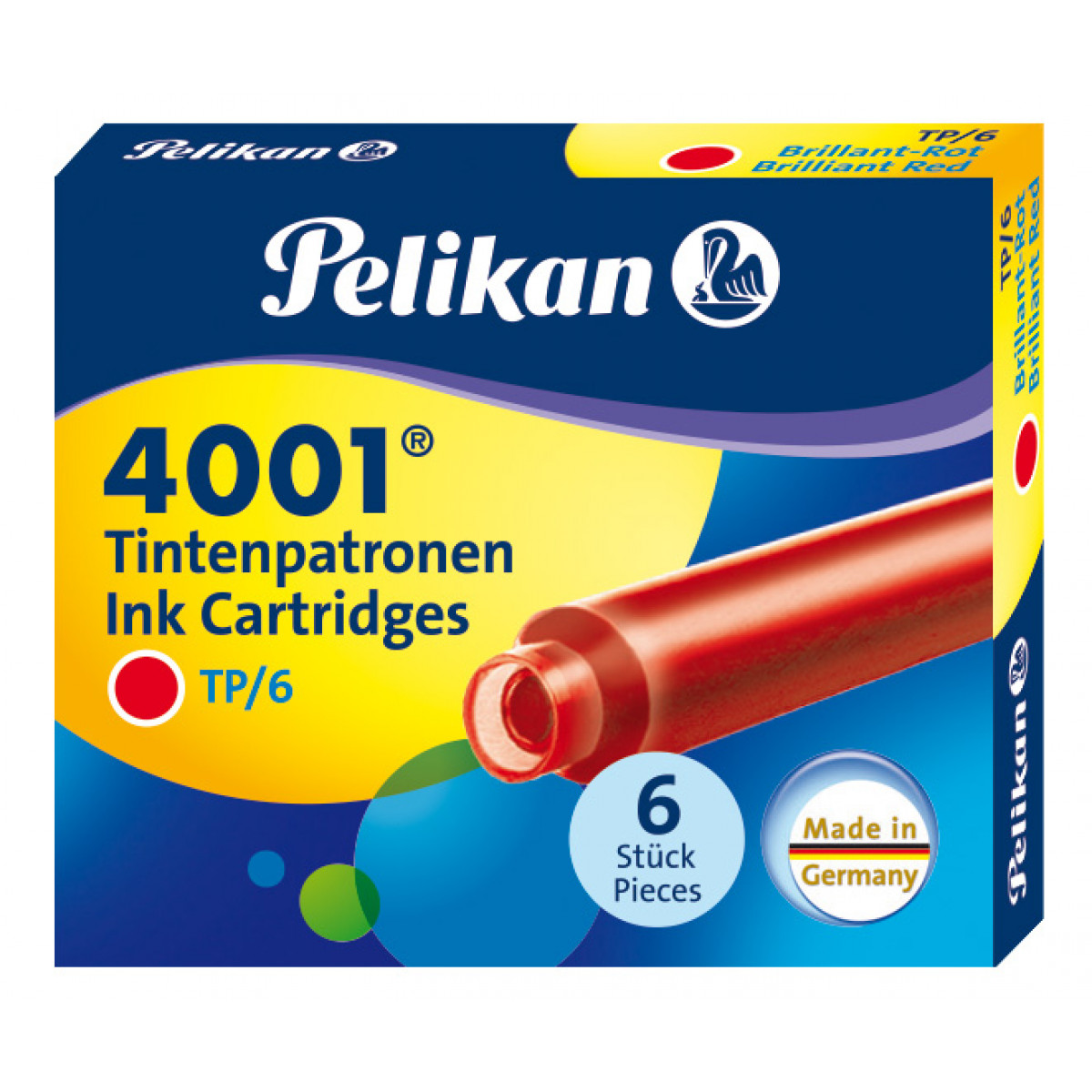 Картриджи с чернилами (короткие, 6 шт) для перьевой ручки Pelikan 4001 Brilliant Red, артикул 301192. Фото 1