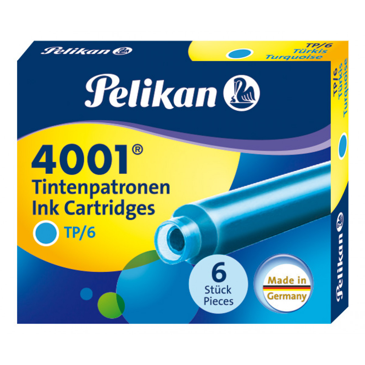 Картриджи с чернилами (короткие, 6 шт) для перьевой ручки Pelikan 4001 Turqouise, артикул 301705. Фото 1