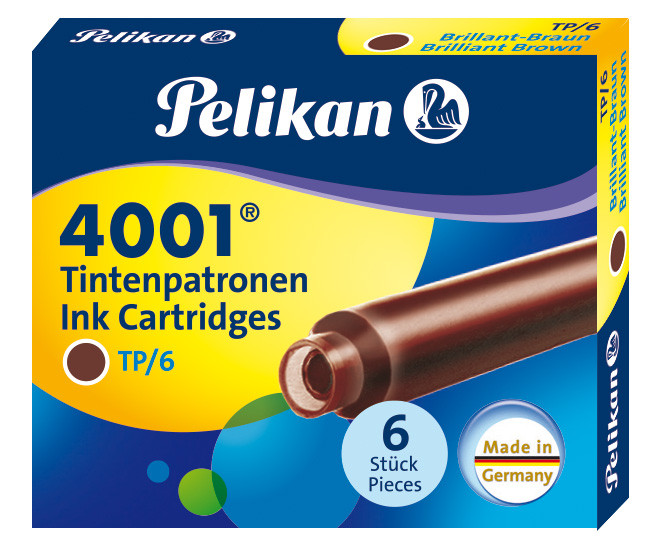 Картриджи с чернилами (короткие, 6 шт) для перьевой ручки Pelikan 4001 Brilliant Brown, артикул 311928. Фото 1