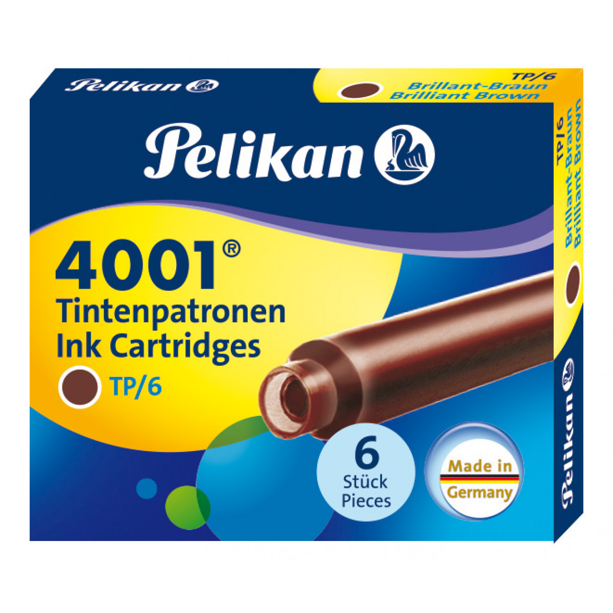 Картриджи с чернилами (короткие, 6 шт) для перьевой ручки Pelikan 4001 Brilliant Brown, артикул 311928. Фото 1